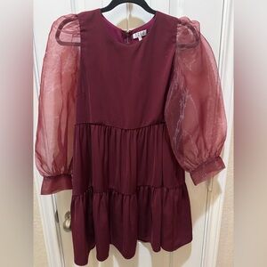 TCEC Burgundy Babydoll Dress with Sheer Sleeves